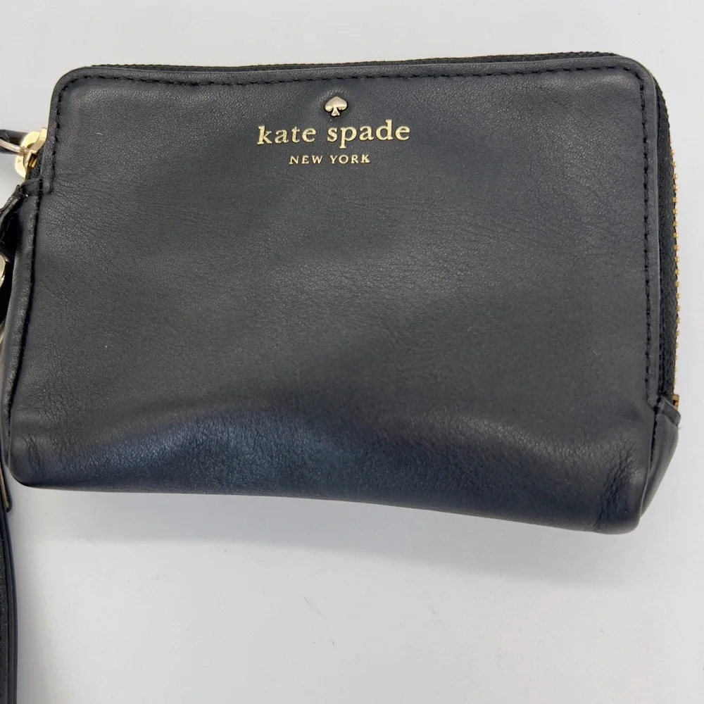 kate spade Black Leather Zip Wristlet with Gold Hardware